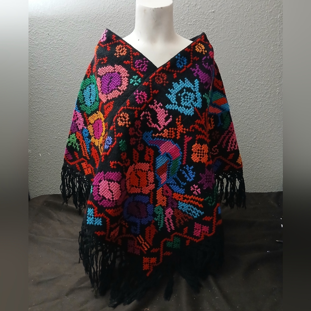 Colorful Embroidered Poncho with Fringe ( Hang )